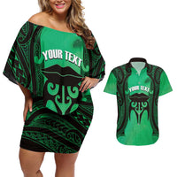 Personalised Moko Kauae New Zealand Couples Matching Off Shoulder Short Dress and Hawaiian Shirt Maori Chin Tattoo Green LT14 Green - Polynesian Pride