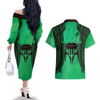 Personalised Moko Kauae New Zealand Couples Matching Off The Shoulder Long Sleeve Dress and Hawaiian Shirt Maori Chin Tattoo Green LT14 - Polynesian Pride