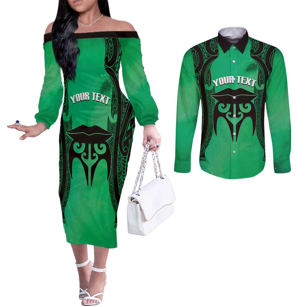 Personalised Moko Kauae New Zealand Couples Matching Off The Shoulder Long Sleeve Dress and Long Sleeve Button Shirt Maori Chin Tattoo Green LT14 Green - Polynesian Pride