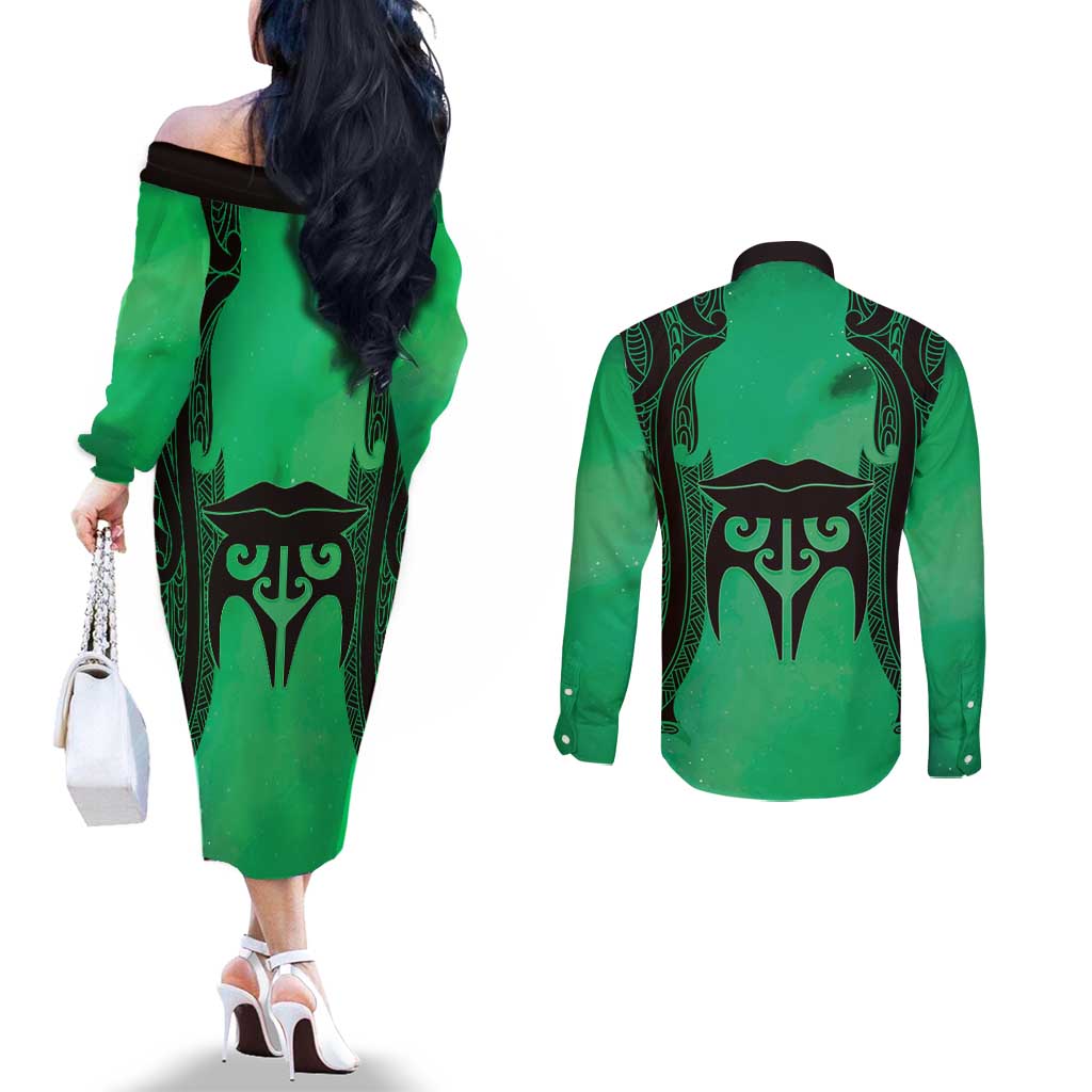Personalised Moko Kauae New Zealand Couples Matching Off The Shoulder Long Sleeve Dress and Long Sleeve Button Shirt Maori Chin Tattoo Green LT14 - Polynesian Pride