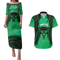 Personalised Moko Kauae New Zealand Couples Matching Puletasi and Hawaiian Shirt Maori Chin Tattoo Green LT14 Green - Polynesian Pride