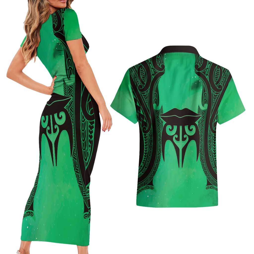 Personalised Moko Kauae New Zealand Couples Matching Short Sleeve Bodycon Dress and Hawaiian Shirt Maori Chin Tattoo Green LT14 - Polynesian Pride
