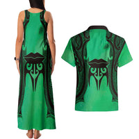 Personalised Moko Kauae New Zealand Couples Matching Tank Maxi Dress and Hawaiian Shirt Maori Chin Tattoo Green LT14 - Polynesian Pride