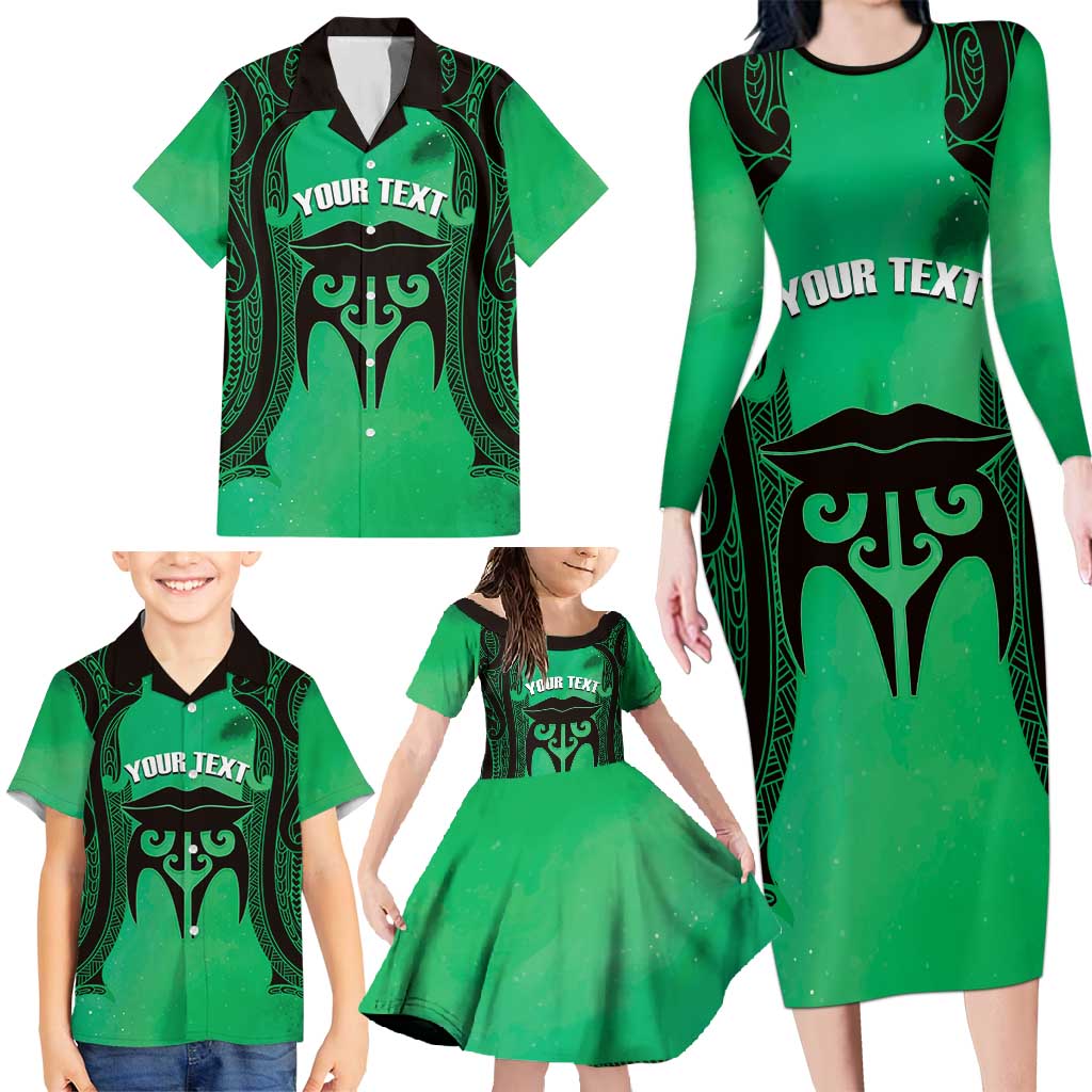 Personalised Moko Kauae New Zealand Family Matching Long Sleeve Bodycon Dress and Hawaiian Shirt Maori Chin Tattoo Green LT14 - Polynesian Pride