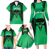 Personalised Moko Kauae New Zealand Family Matching Long Sleeve Bodycon Dress and Hawaiian Shirt Maori Chin Tattoo Green LT14 - Polynesian Pride