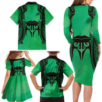 Personalised Moko Kauae New Zealand Family Matching Long Sleeve Bodycon Dress and Hawaiian Shirt Maori Chin Tattoo Green LT14 - Polynesian Pride