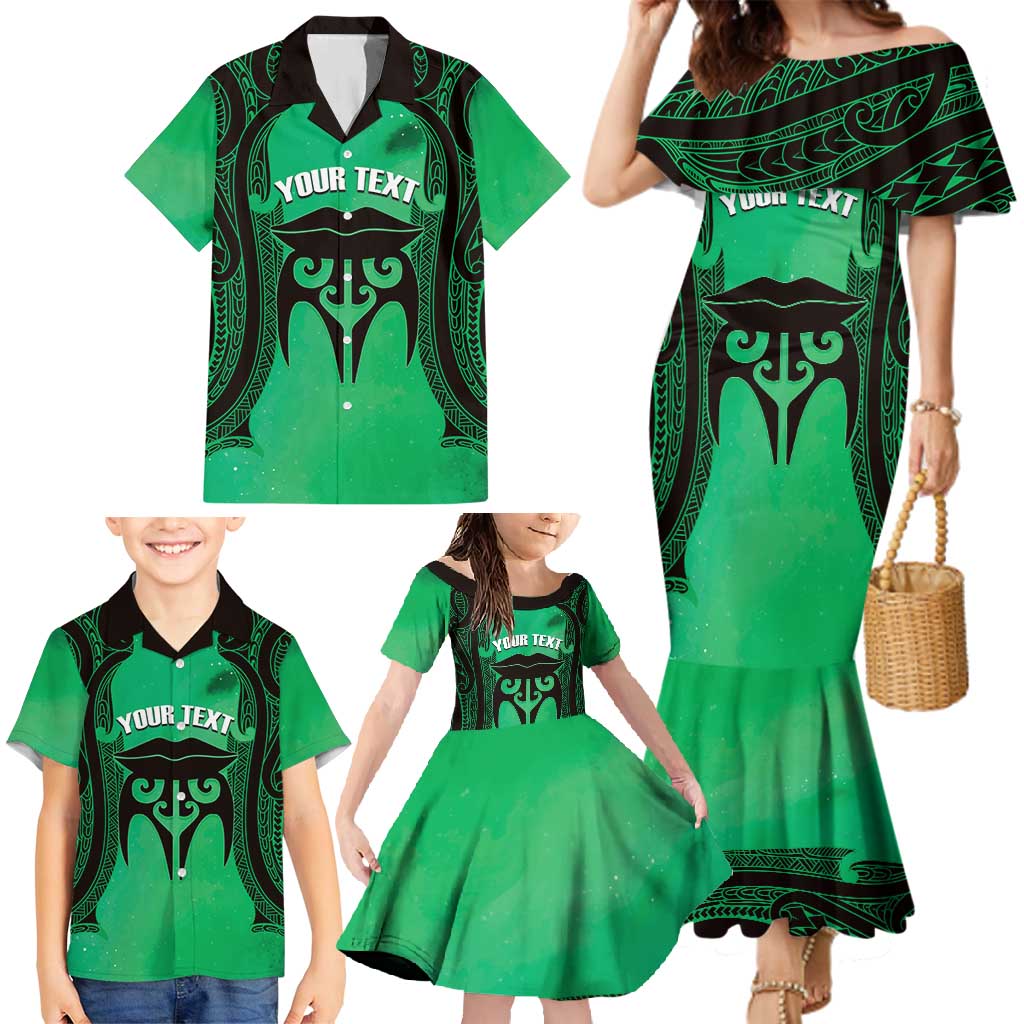 Personalised Moko Kauae New Zealand Family Matching Mermaid Dress and Hawaiian Shirt Maori Chin Tattoo Green LT14 - Polynesian Pride