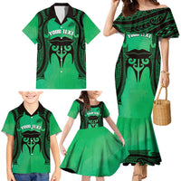Personalised Moko Kauae New Zealand Family Matching Mermaid Dress and Hawaiian Shirt Maori Chin Tattoo Green LT14 - Polynesian Pride