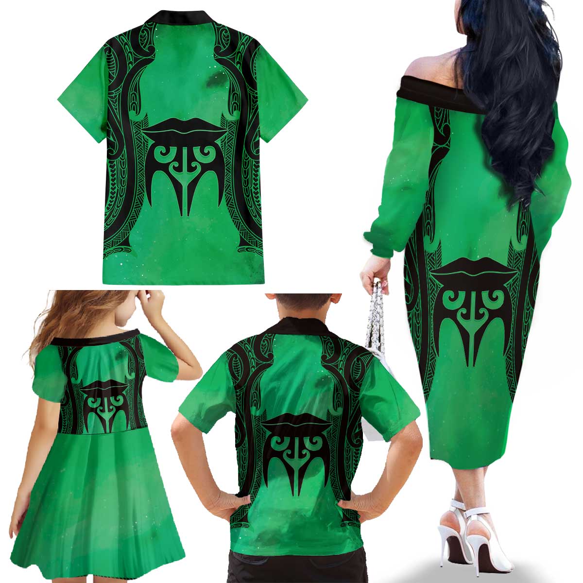 Personalised Moko Kauae New Zealand Family Matching Off The Shoulder Long Sleeve Dress and Hawaiian Shirt Maori Chin Tattoo Green LT14 - Polynesian Pride