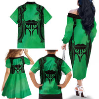 Personalised Moko Kauae New Zealand Family Matching Off The Shoulder Long Sleeve Dress and Hawaiian Shirt Maori Chin Tattoo Green LT14 - Polynesian Pride