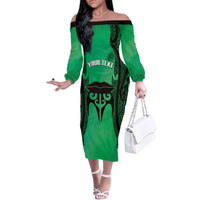 Personalised Moko Kauae New Zealand Family Matching Off The Shoulder Long Sleeve Dress and Hawaiian Shirt Maori Chin Tattoo Green LT14 Mom's Dress Green - Polynesian Pride