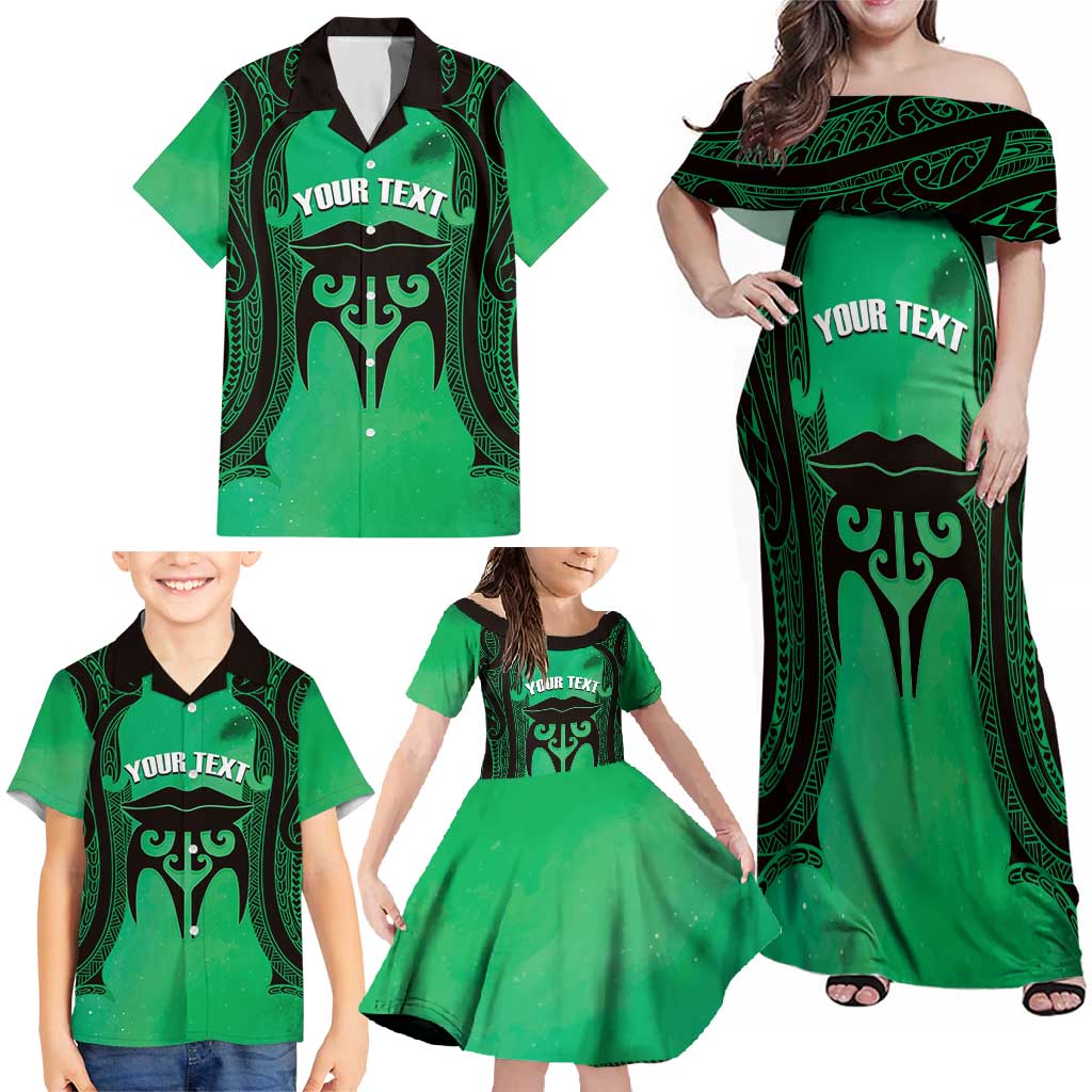 Personalised Moko Kauae New Zealand Family Matching Off Shoulder Maxi Dress and Hawaiian Shirt Maori Chin Tattoo Green LT14 - Polynesian Pride