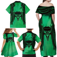 Personalised Moko Kauae New Zealand Family Matching Off Shoulder Maxi Dress and Hawaiian Shirt Maori Chin Tattoo Green LT14 - Polynesian Pride