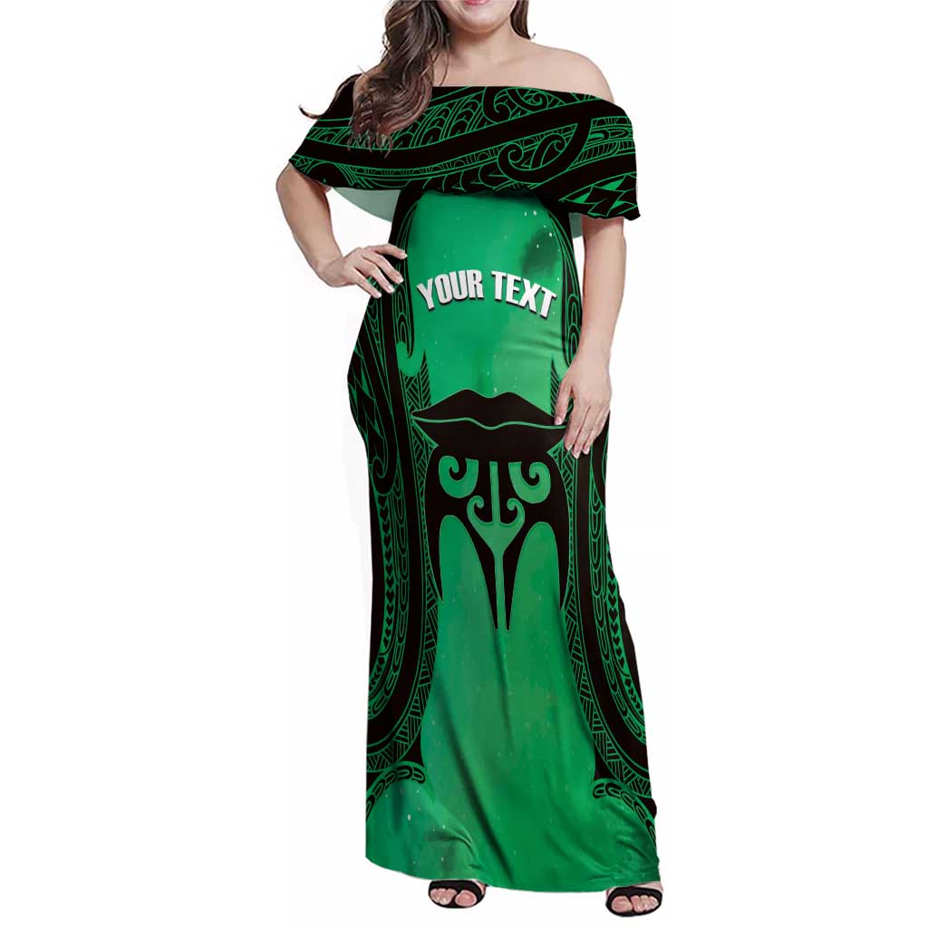 Personalised Moko Kauae New Zealand Family Matching Off Shoulder Maxi Dress and Hawaiian Shirt Maori Chin Tattoo Green LT14 Mom's Dress Green - Polynesian Pride