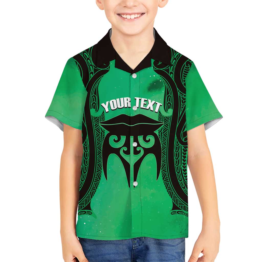 Personalised Moko Kauae New Zealand Family Matching Off Shoulder Maxi Dress and Hawaiian Shirt Maori Chin Tattoo Green LT14 Son's Shirt Green - Polynesian Pride