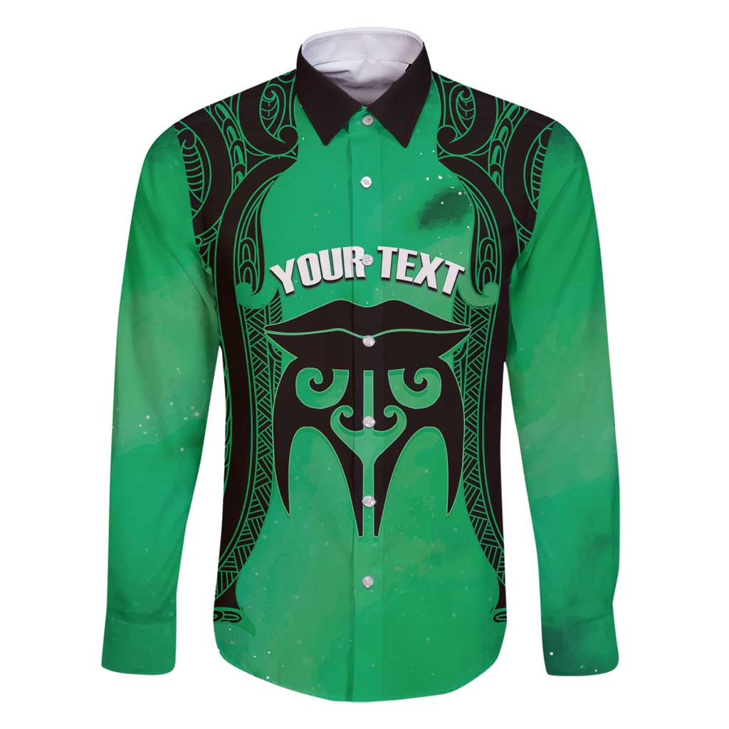 Personalised Moko Kauae New Zealand Family Matching Off Shoulder Short Dress and Hawaiian Shirt Maori Chin Tattoo Green LT14 Dad's Shirt - Long Sleeve Green - Polynesian Pride