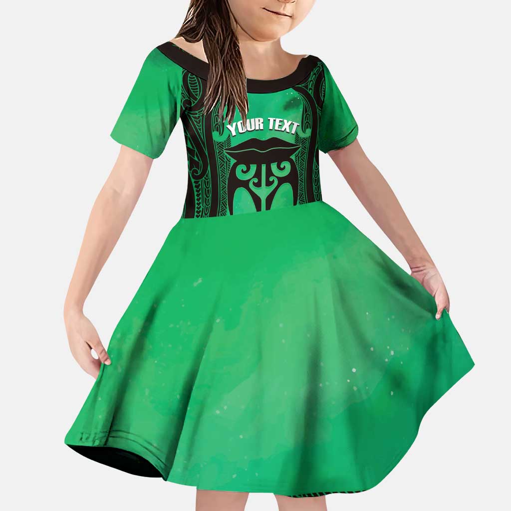 Personalised Moko Kauae New Zealand Family Matching Puletasi and Hawaiian Shirt Maori Chin Tattoo Green LT14 Daughter's Dress Green - Polynesian Pride