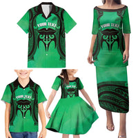 Personalised Moko Kauae New Zealand Family Matching Puletasi and Hawaiian Shirt Maori Chin Tattoo Green LT14 - Polynesian Pride