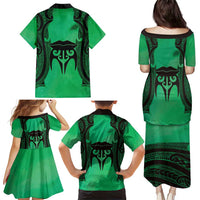 Personalised Moko Kauae New Zealand Family Matching Puletasi and Hawaiian Shirt Maori Chin Tattoo Green LT14 - Polynesian Pride