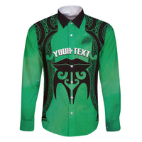 Personalised Moko Kauae New Zealand Family Matching Puletasi and Hawaiian Shirt Maori Chin Tattoo Green LT14 Dad's Shirt - Long Sleeve Green - Polynesian Pride