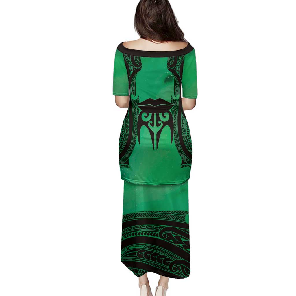 Personalised Moko Kauae New Zealand Family Matching Puletasi and Hawaiian Shirt Maori Chin Tattoo Green LT14 - Polynesian Pride
