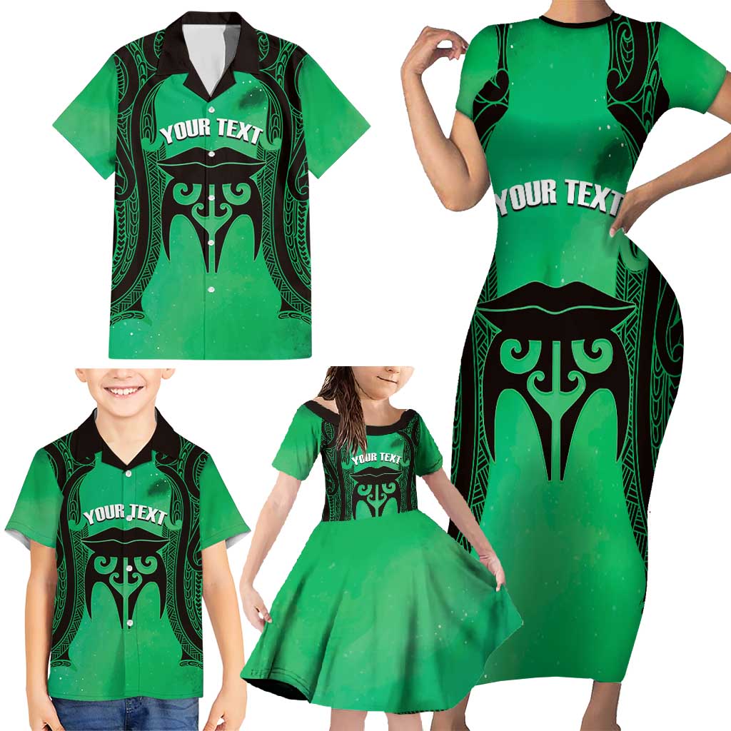 Personalised Moko Kauae New Zealand Family Matching Short Sleeve Bodycon Dress and Hawaiian Shirt Maori Chin Tattoo Green LT14 - Polynesian Pride