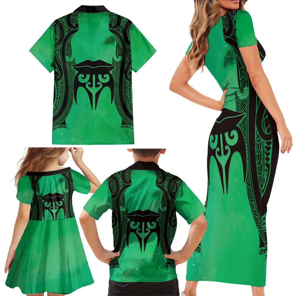 Personalised Moko Kauae New Zealand Family Matching Short Sleeve Bodycon Dress and Hawaiian Shirt Maori Chin Tattoo Green LT14 - Polynesian Pride