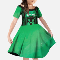 Personalised Moko Kauae New Zealand Family Matching Summer Maxi Dress and Hawaiian Shirt Maori Chin Tattoo Green LT14 Daughter's Dress Green - Polynesian Pride
