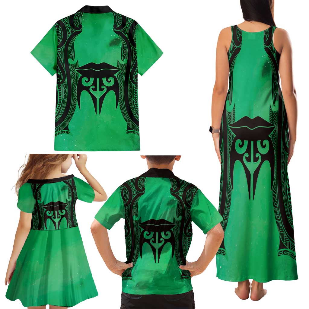 Personalised Moko Kauae New Zealand Family Matching Tank Maxi Dress and Hawaiian Shirt Maori Chin Tattoo Green LT14 - Polynesian Pride