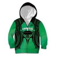 Personalised Moko Kauae New Zealand Kid Hoodie Maori Chin Tattoo Green LT14 Zip Hoodie Green - Polynesian Pride