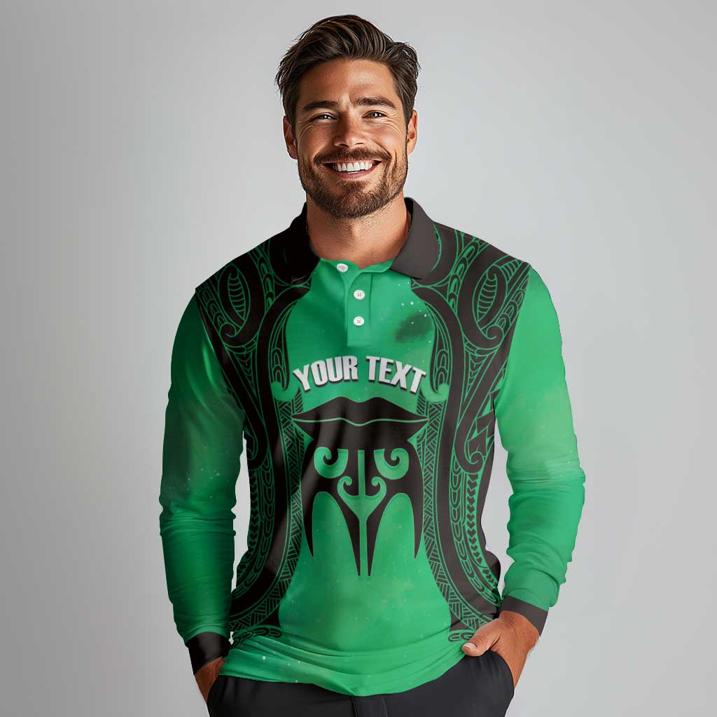Personalised Moko Kauae New Zealand Long Sleeve Polo Shirt Maori Chin Tattoo Green LT14 - Polynesian Pride