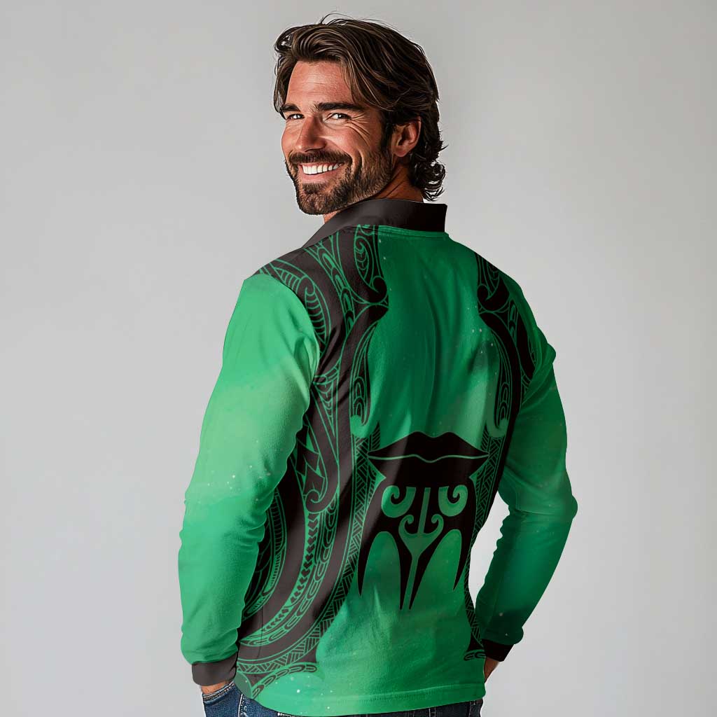 Personalised Moko Kauae New Zealand Long Sleeve Polo Shirt Maori Chin Tattoo Green LT14 - Polynesian Pride