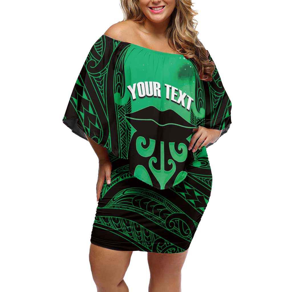 Personalised Moko Kauae New Zealand Off Shoulder Short Dress Maori Chin Tattoo Green LT14 Women Green - Polynesian Pride