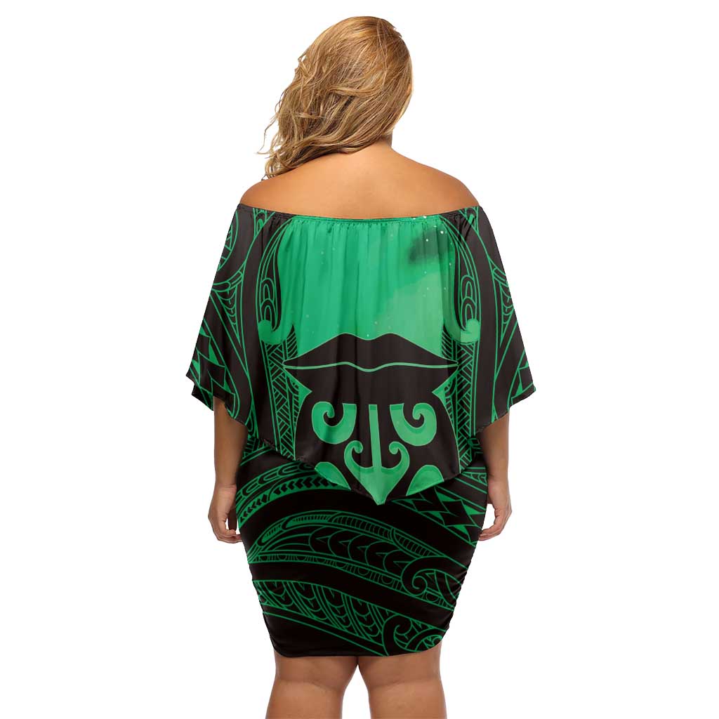 Personalised Moko Kauae New Zealand Off Shoulder Short Dress Maori Chin Tattoo Green LT14 - Polynesian Pride