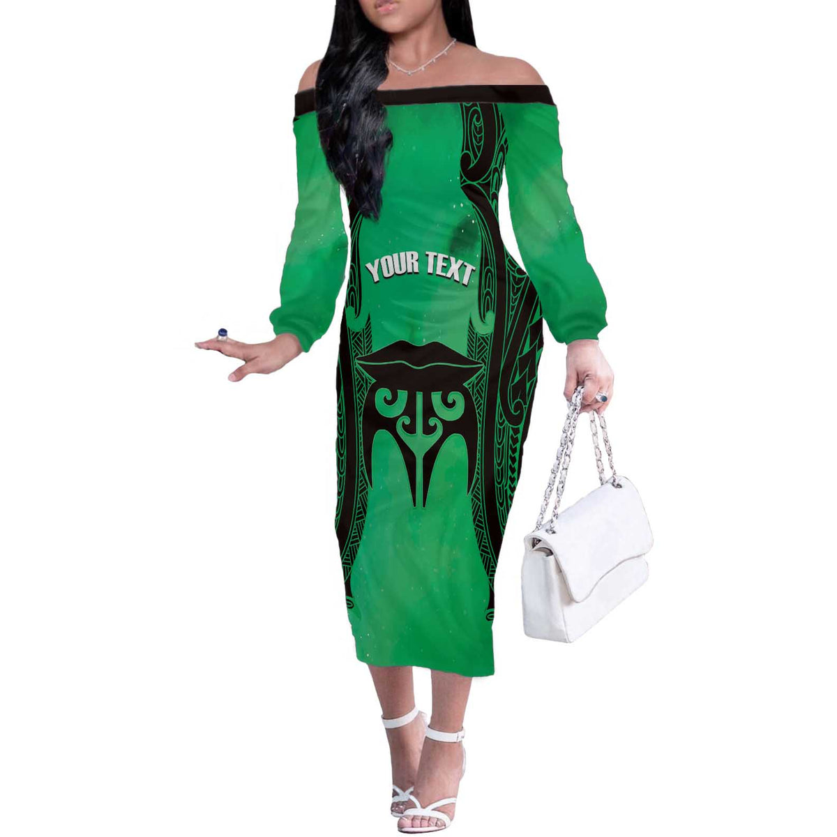 Personalised Moko Kauae New Zealand Off The Shoulder Long Sleeve Dress Maori Chin Tattoo Green LT14 Women Green - Polynesian Pride