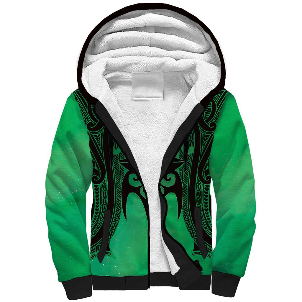 Personalised Moko Kauae New Zealand Sherpa Hoodie Maori Chin Tattoo Green - Polynesian Pride
