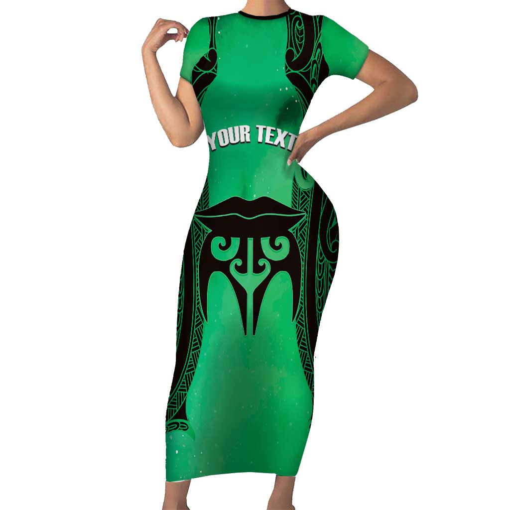 Personalised Moko Kauae New Zealand Short Sleeve Bodycon Dress Maori Chin Tattoo Green LT14 Long Dress Green - Polynesian Pride
