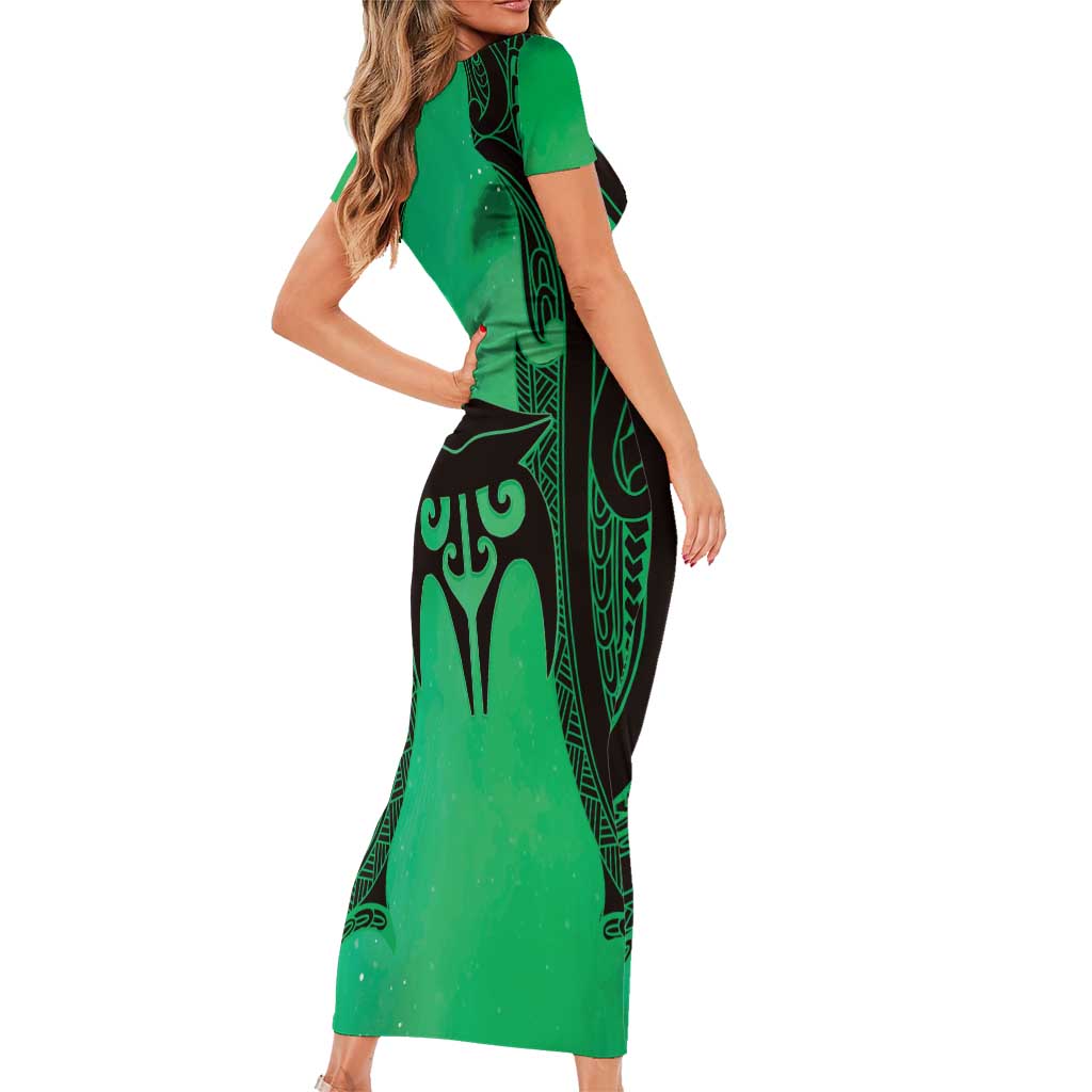 Personalised Moko Kauae New Zealand Short Sleeve Bodycon Dress Maori Chin Tattoo Green LT14 - Polynesian Pride