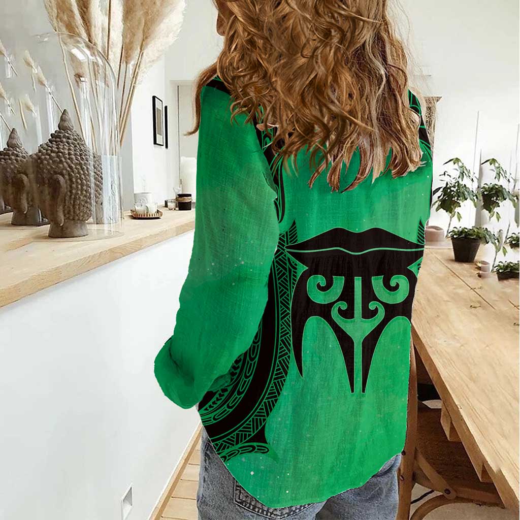 Personalised Moko Kauae New Zealand Women Casual Shirt Maori Chin Tattoo Green LT14 - Polynesian Pride