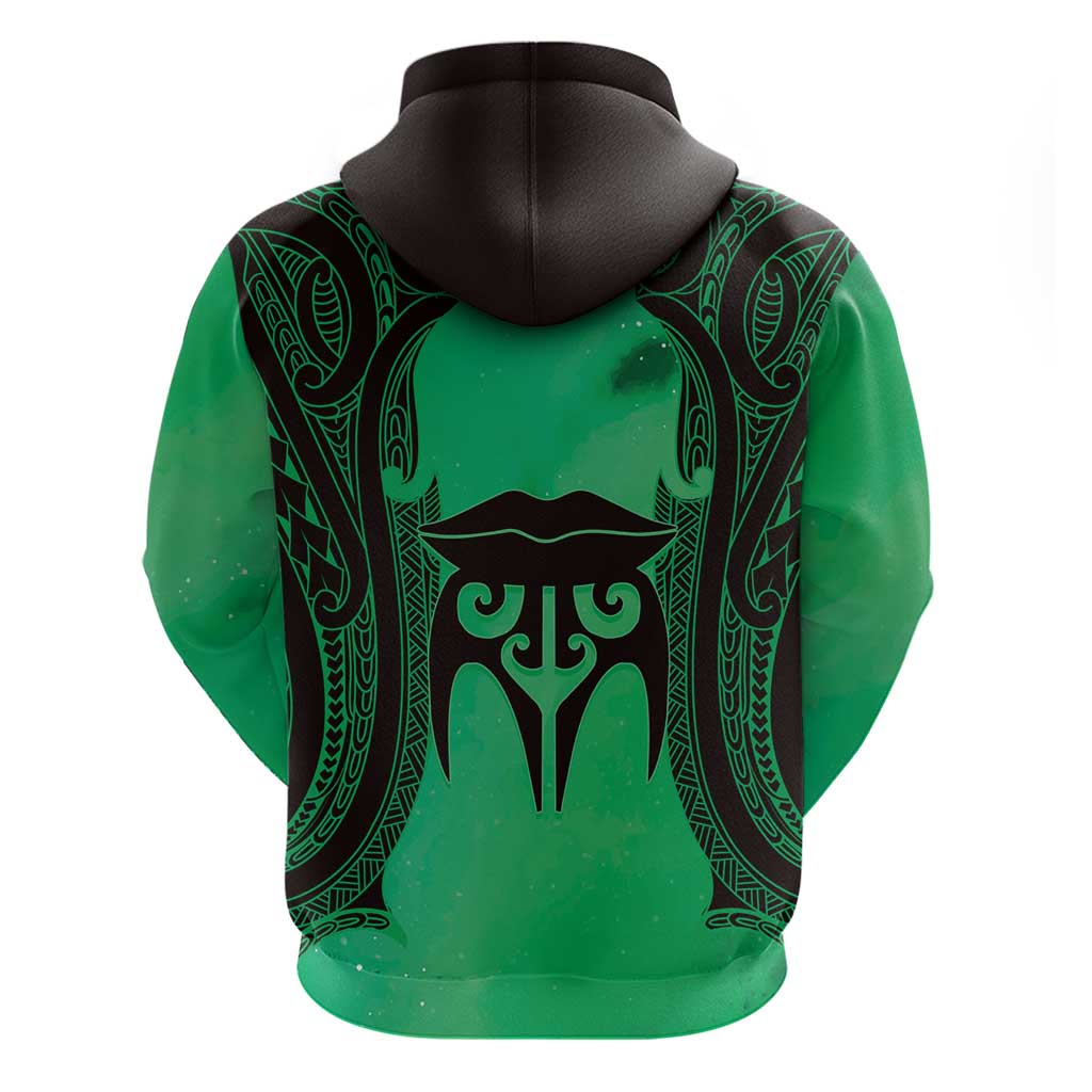 Personalised Moko Kauae New Zealand Zip Hoodie Maori Chin Tattoo Green LT14 - Polynesian Pride