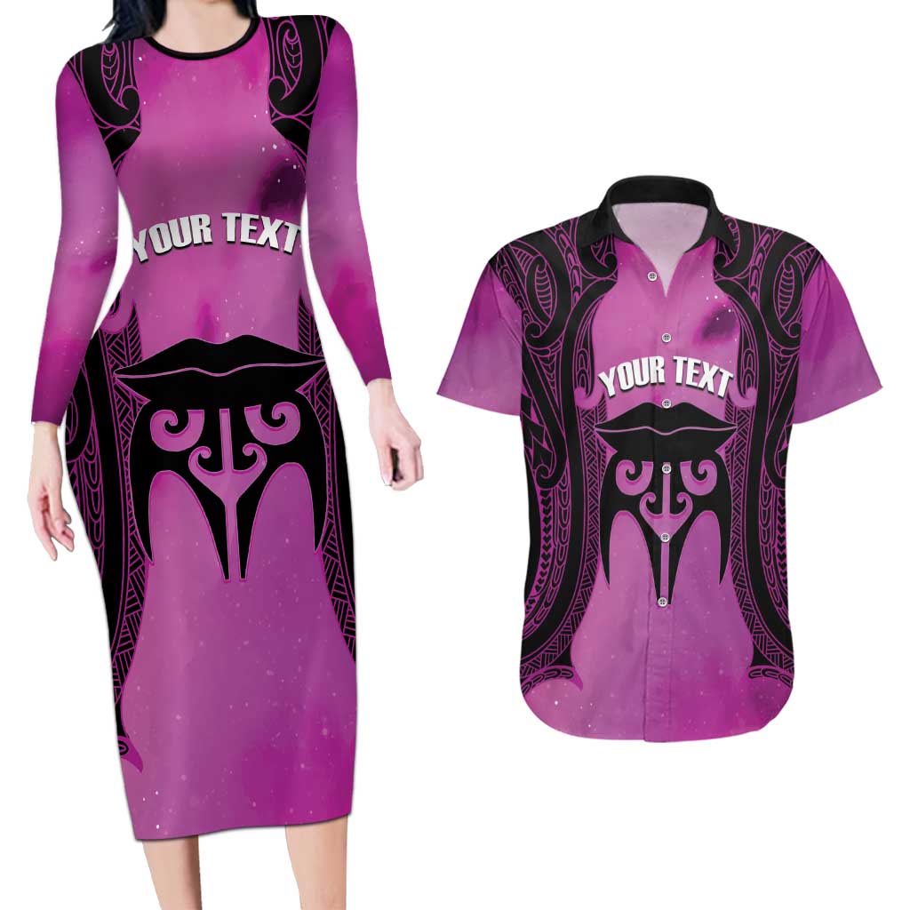 Personalised Moko Kauae New Zealand Couples Matching Long Sleeve Bodycon Dress and Hawaiian Shirt Maori Chin Tattoo Pink LT14 Pink - Polynesian Pride