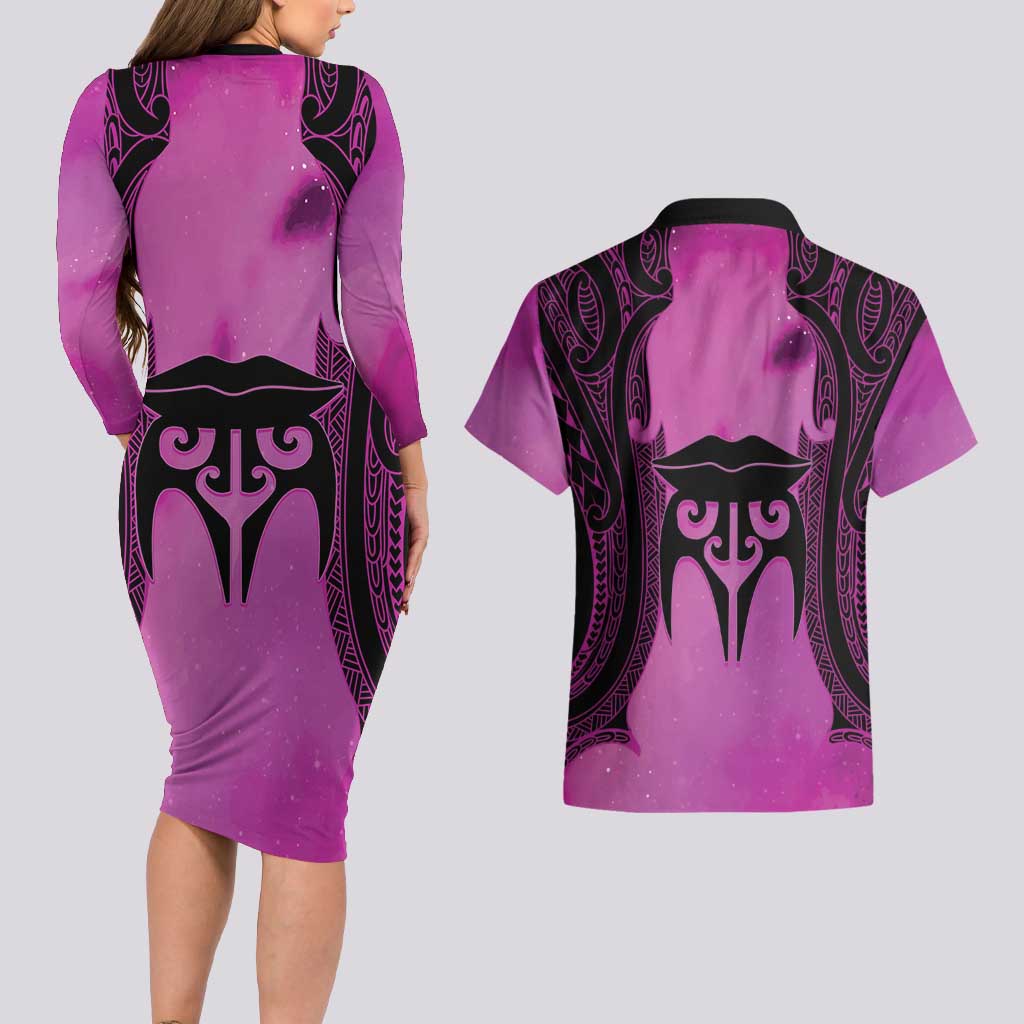 Personalised Moko Kauae New Zealand Couples Matching Long Sleeve Bodycon Dress and Hawaiian Shirt Maori Chin Tattoo Pink LT14 - Polynesian Pride