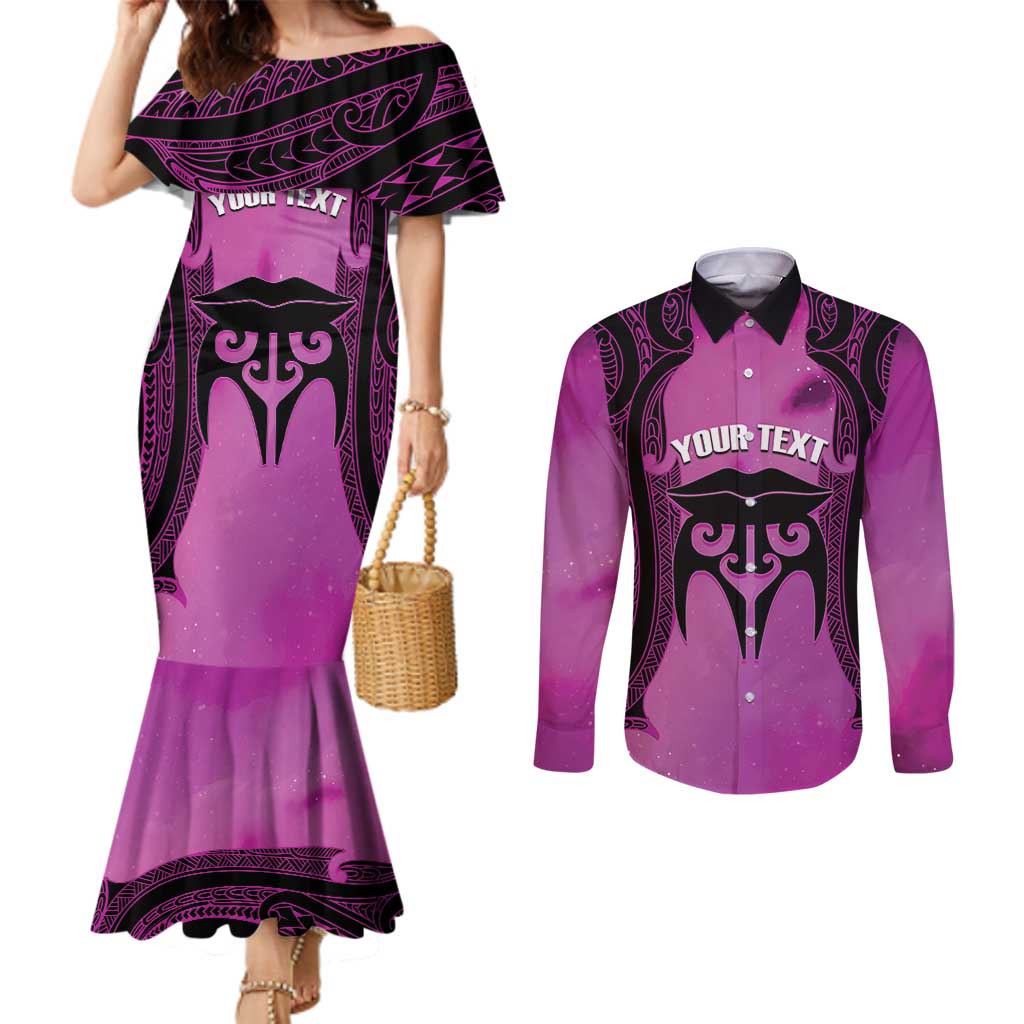 Personalised Moko Kauae New Zealand Couples Matching Mermaid Dress and Long Sleeve Button Shirt Maori Chin Tattoo Pink LT14 Pink - Polynesian Pride