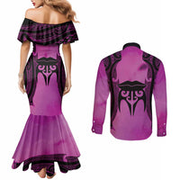 Personalised Moko Kauae New Zealand Couples Matching Mermaid Dress and Long Sleeve Button Shirt Maori Chin Tattoo Pink LT14 - Polynesian Pride