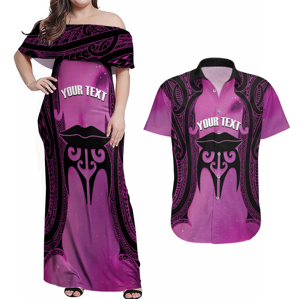 Personalised Moko Kauae New Zealand Couples Matching Off Shoulder Maxi Dress and Hawaiian Shirt Maori Chin Tattoo Pink LT14 Pink - Polynesian Pride