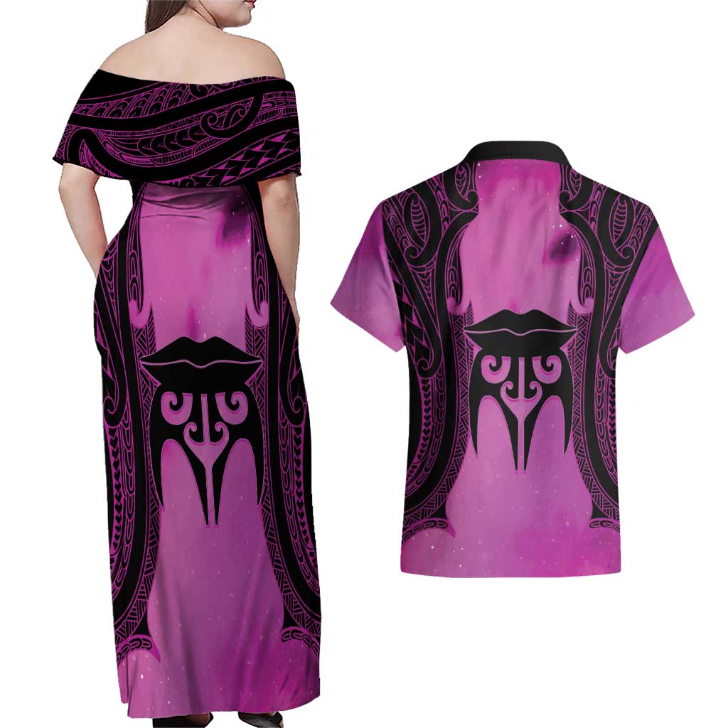 Personalised Moko Kauae New Zealand Couples Matching Off Shoulder Maxi Dress and Hawaiian Shirt Maori Chin Tattoo Pink LT14 - Polynesian Pride