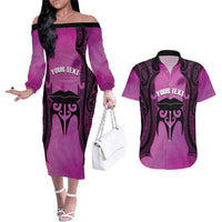 Personalised Moko Kauae New Zealand Couples Matching Off The Shoulder Long Sleeve Dress and Hawaiian Shirt Maori Chin Tattoo Pink LT14 Pink - Polynesian Pride