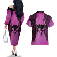 Personalised Moko Kauae New Zealand Couples Matching Off The Shoulder Long Sleeve Dress and Hawaiian Shirt Maori Chin Tattoo Pink LT14 - Polynesian Pride