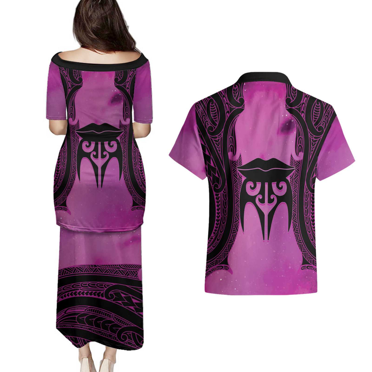 Personalised Moko Kauae New Zealand Couples Matching Puletasi and Hawaiian Shirt Maori Chin Tattoo Pink LT14 - Polynesian Pride