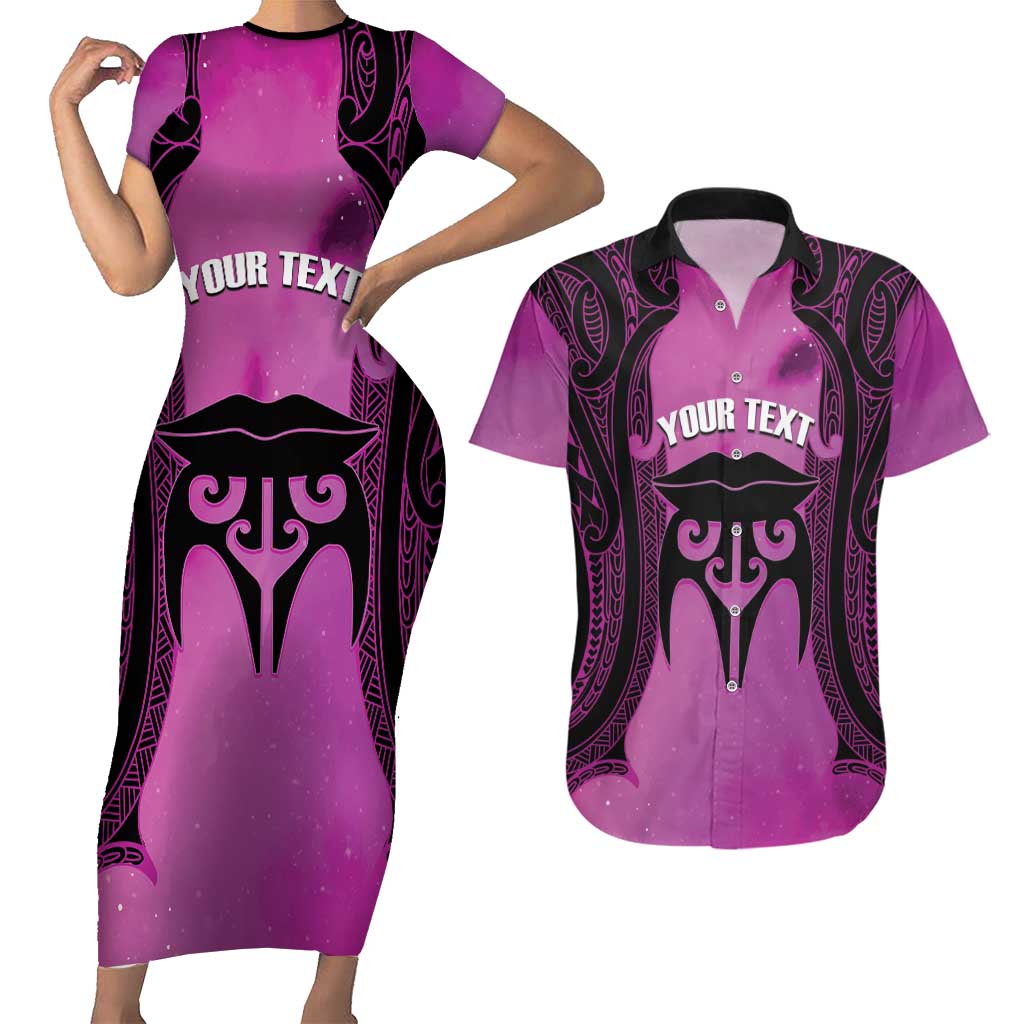 Personalised Moko Kauae New Zealand Couples Matching Short Sleeve Bodycon Dress and Hawaiian Shirt Maori Chin Tattoo Pink LT14 Pink - Polynesian Pride